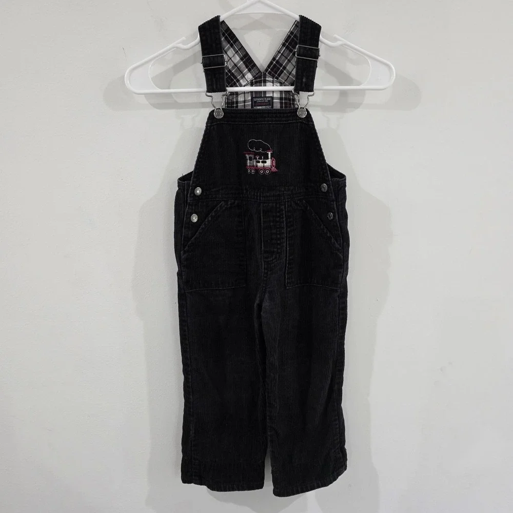 Vintage Childrens Place Boys Corduroy Train Overalls Size 3T Black Retro
